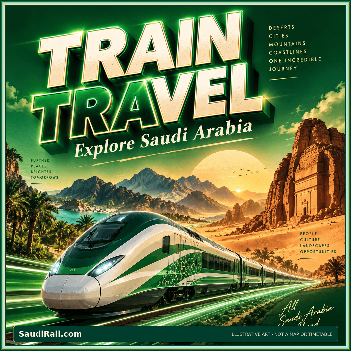 Retro green-and-gold Train Travel poster with a stylized passenger train; illustrative artwork, not an operational map or timetable.