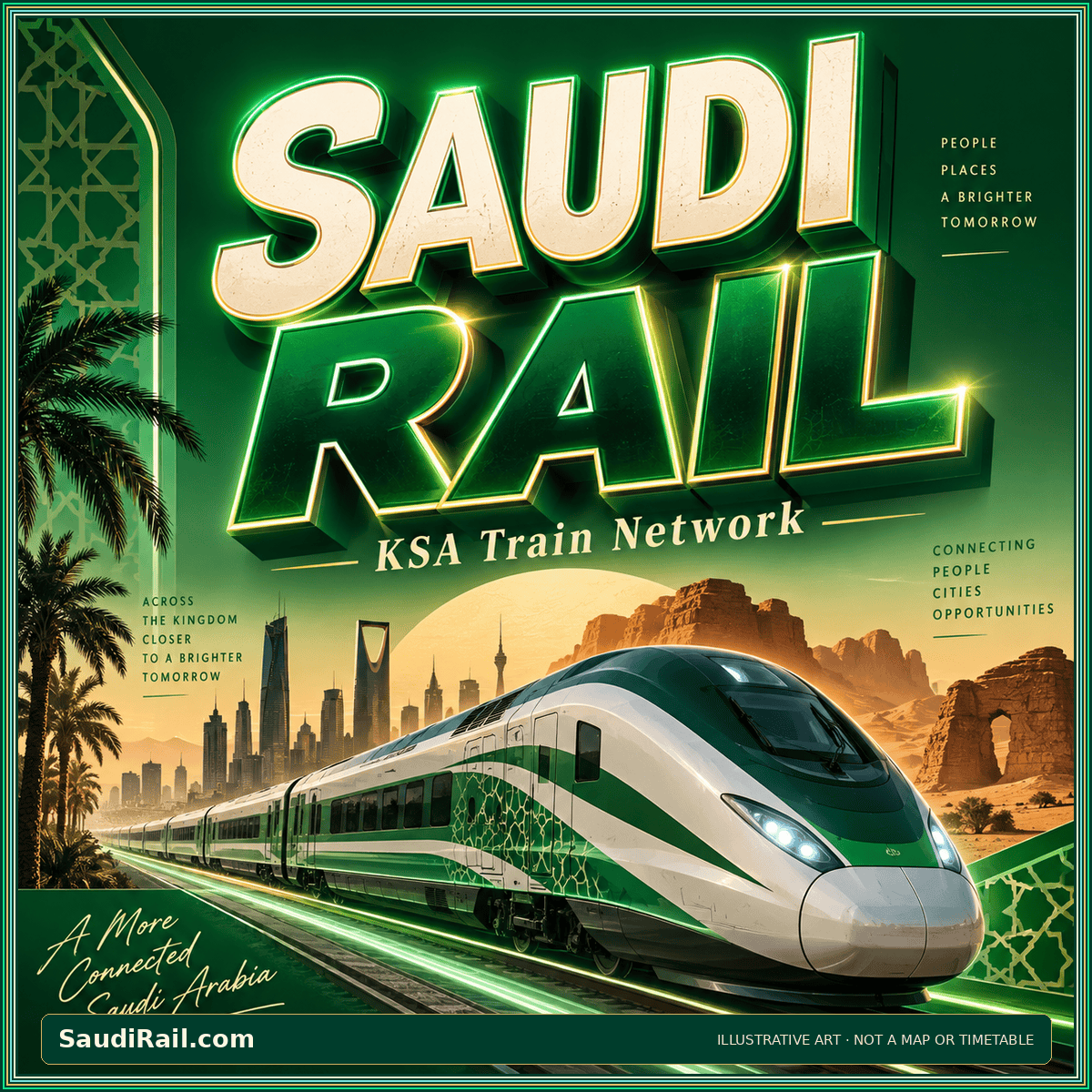 Retro green-and-gold Saudi Rail poster with a stylized passenger train; illustrative artwork, not an operational map or timetable.