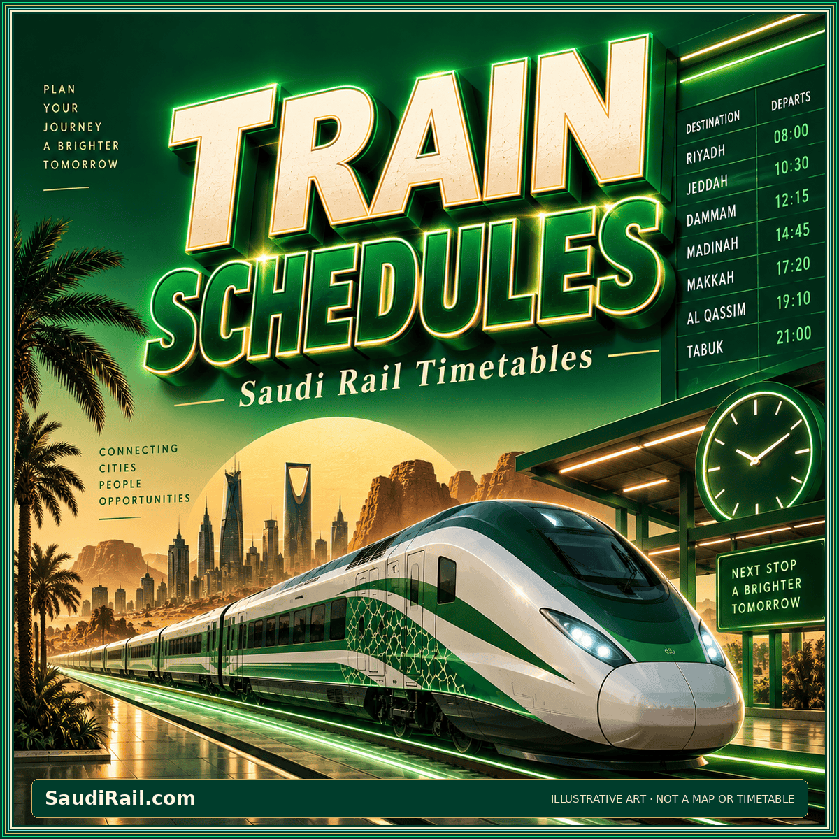 Retro green-and-gold Train Schedules poster with a stylized passenger train; illustrative artwork, not an operational map or timetable.