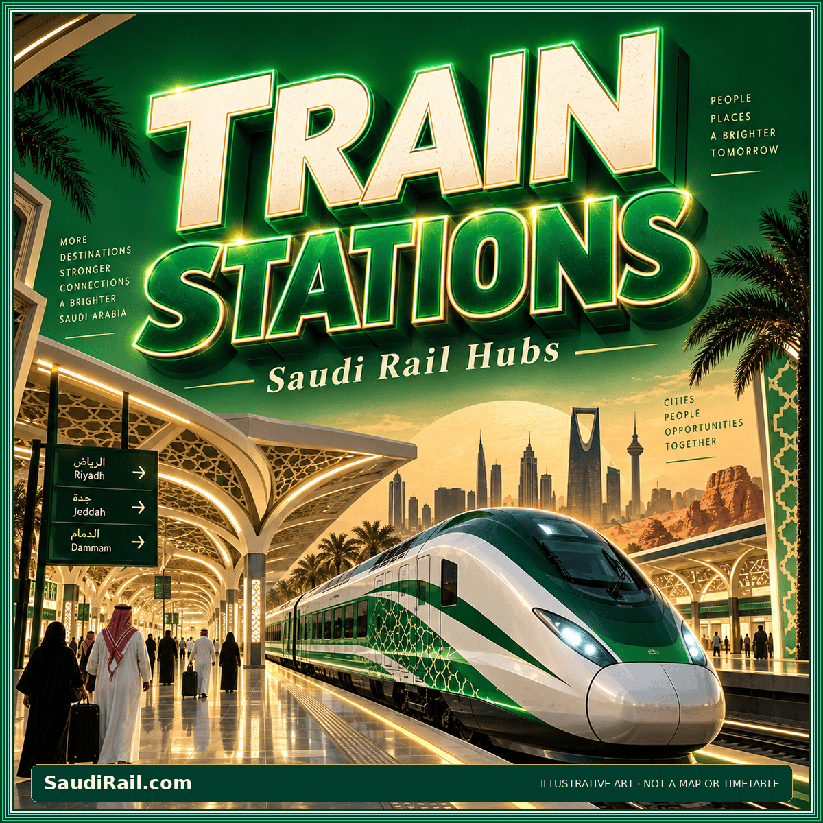 Retro green-and-gold Train Stations poster with a stylized passenger train; illustrative artwork, not an operational map or timetable.