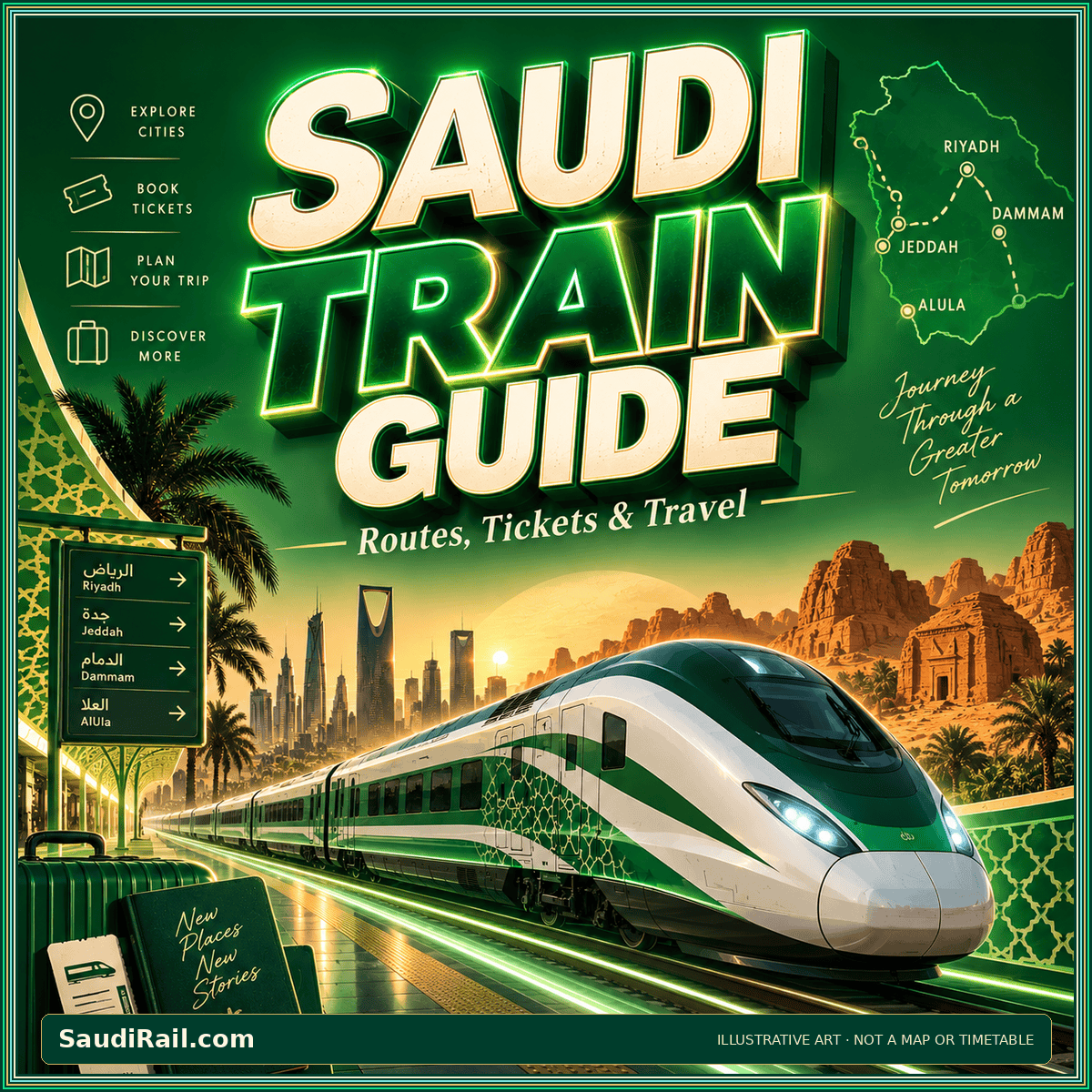 Retro green-and-gold Saudi Train Guide poster with a stylized passenger train; illustrative artwork, not an operational map or timetable.