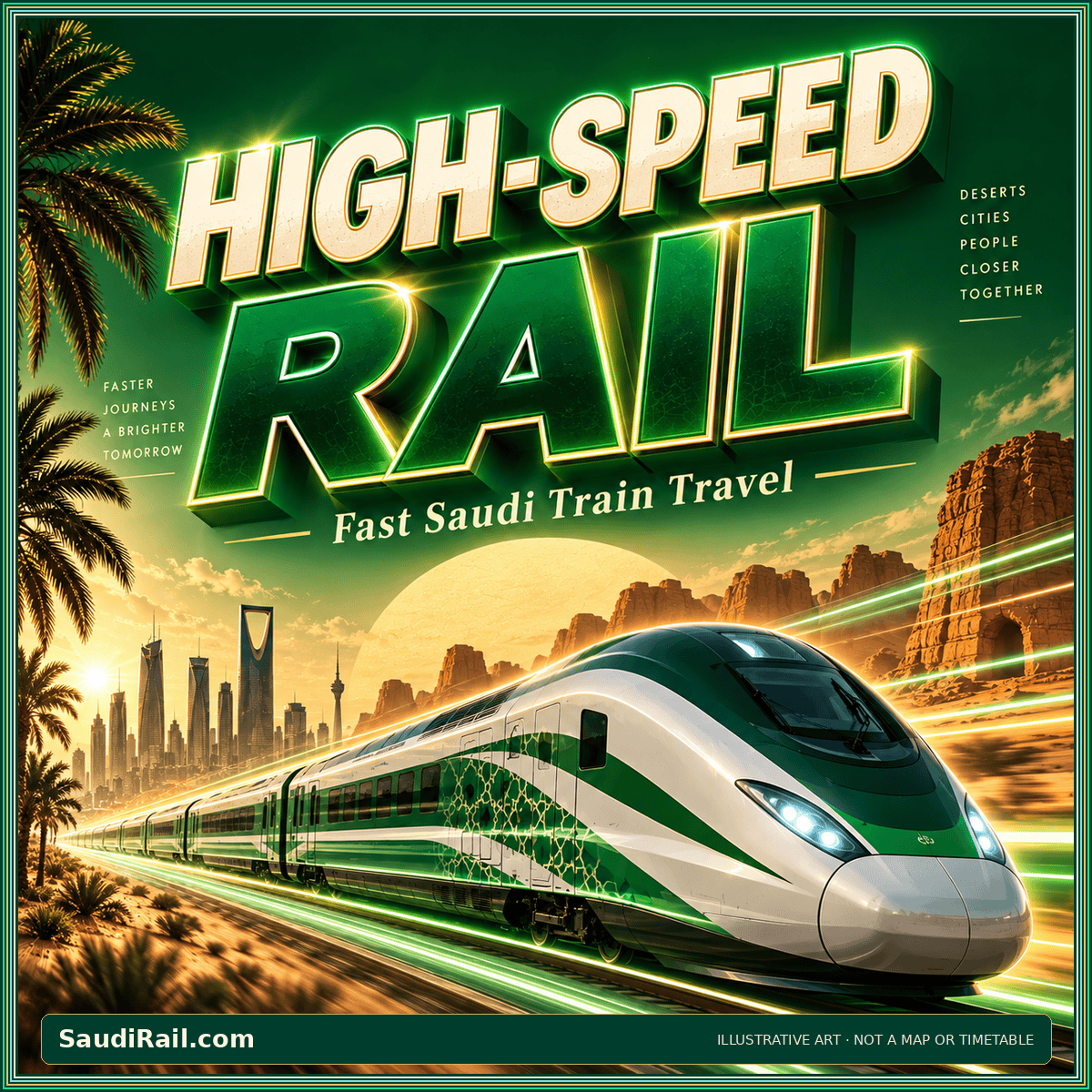 Retro green-and-gold High-Speed Rail poster with a stylized passenger train; illustrative artwork, not an operational map or timetable.