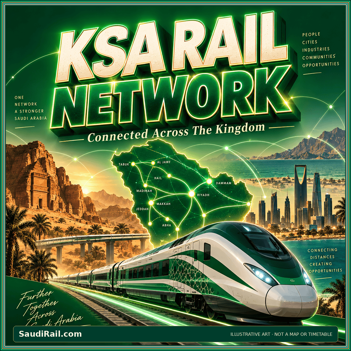 Retro green-and-gold KSA Rail Network poster with a stylized passenger train; illustrative artwork, not an operational map or timetable.
