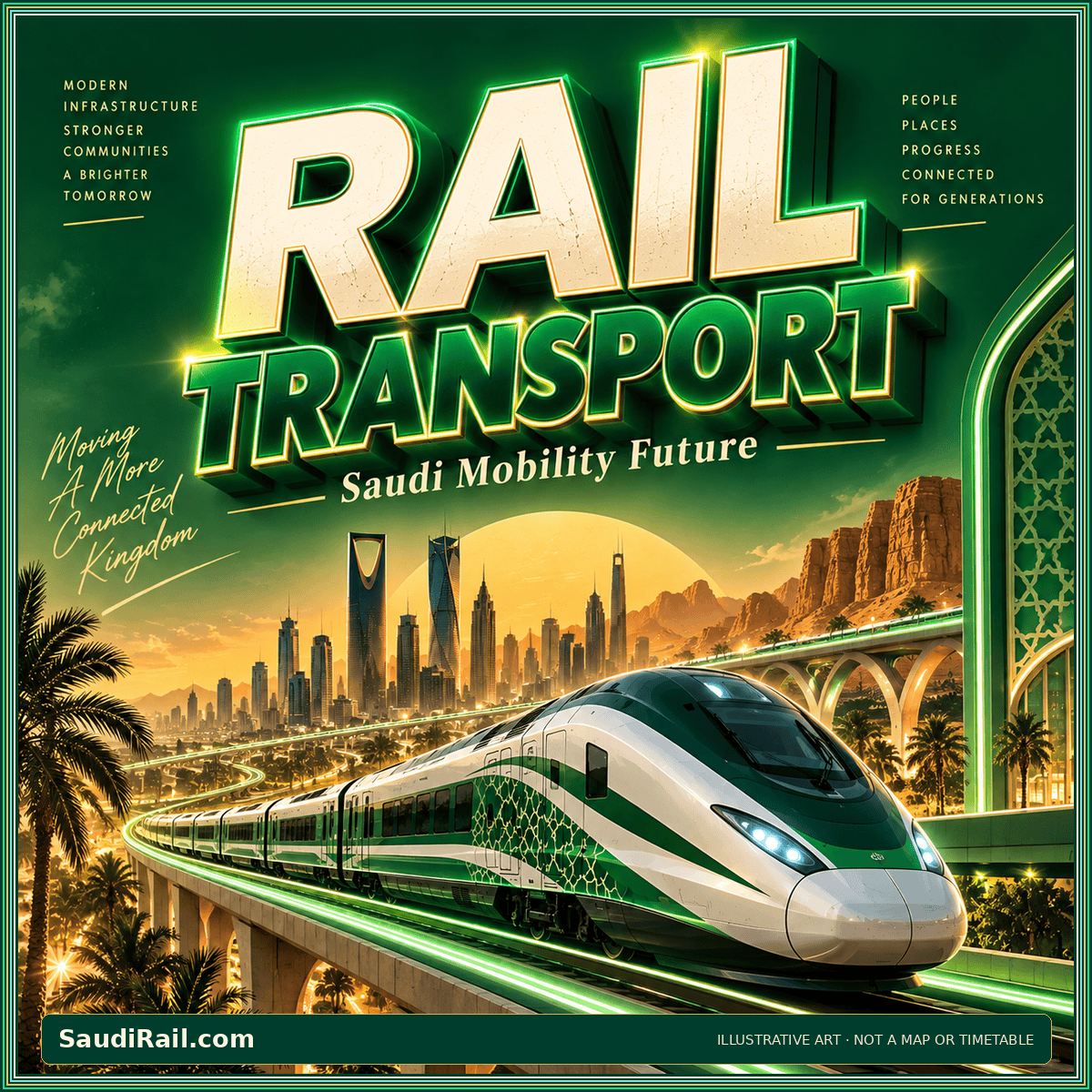 Retro green-and-gold Rail Transport poster with a stylized passenger train; illustrative artwork, not an operational map or timetable.