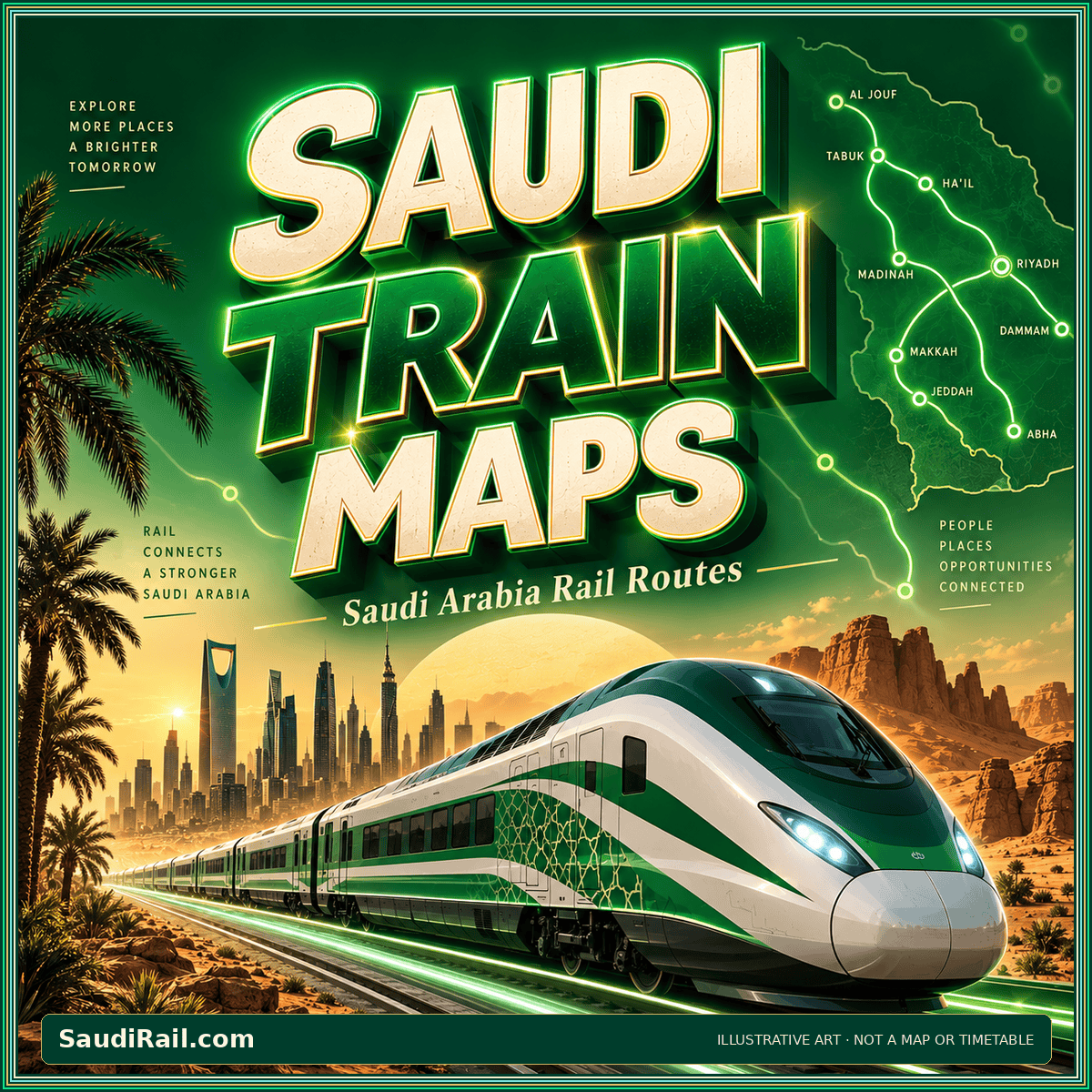Retro green-and-gold Saudi Train Maps poster with a stylized passenger train; illustrative artwork, not an operational map or timetable.