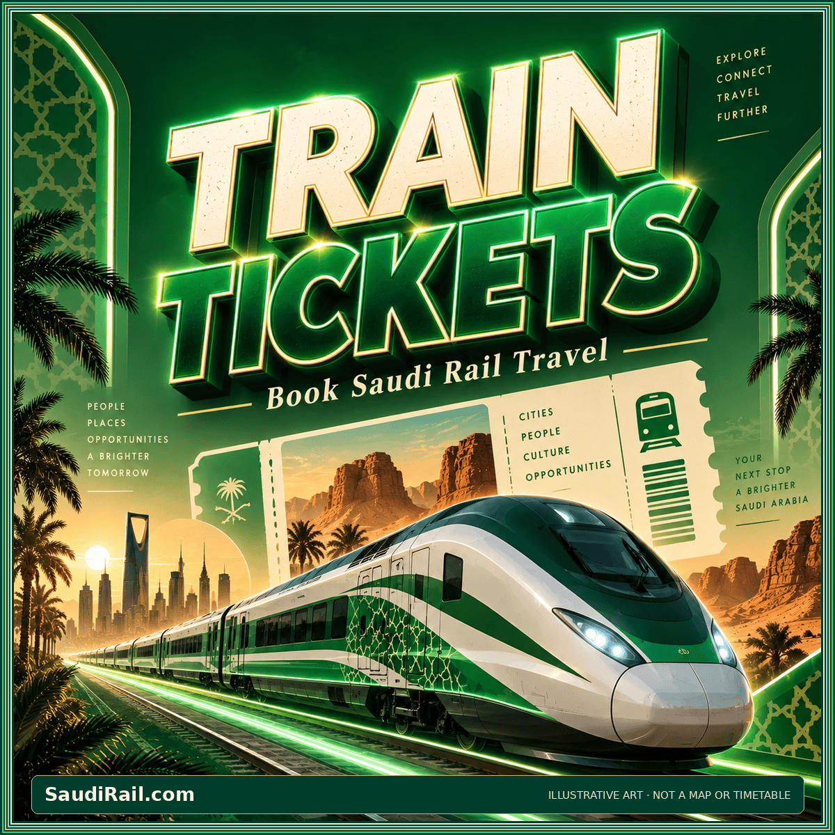 Retro green-and-gold Train Tickets poster with a stylized passenger train; illustrative artwork, not an operational map or timetable.